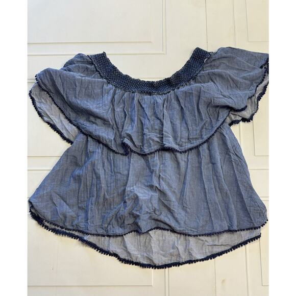 LANE BRYANT Blue Chambray Denim Off-The-Shoulder Ruffle Top Blouse Size 18/20 - Picture 5 of 6